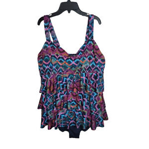 Dolfin Blue Ikat Ruffle Tiered One Piece Beach Swimdress Women's Size 48/22